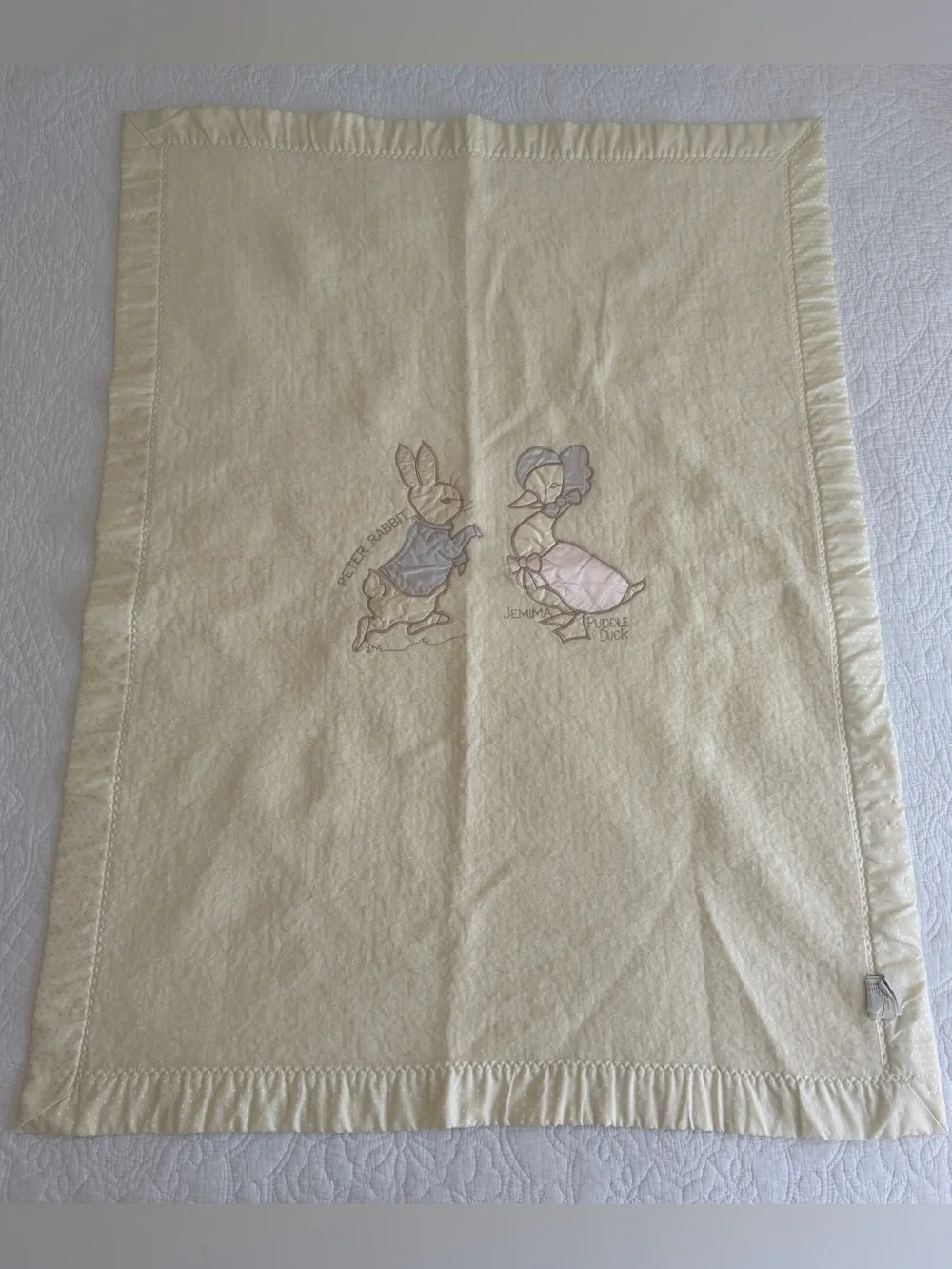 Vintage Quiltex Beatrix Potter Peter Rabbit Embroidered Satin Edge Baby Blanket